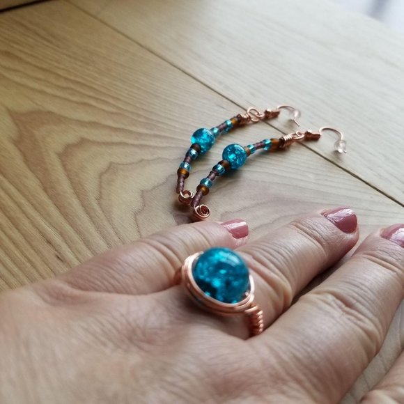 Copper Wire Earrings Rings Turquoise Set - Picture 3 of 10
